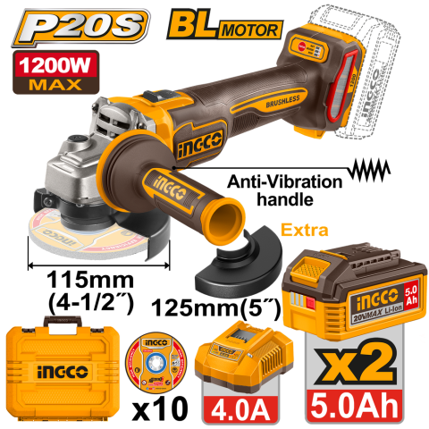 Amoladora 115/125 2BAT 5H+ CAR 20V 1200W 